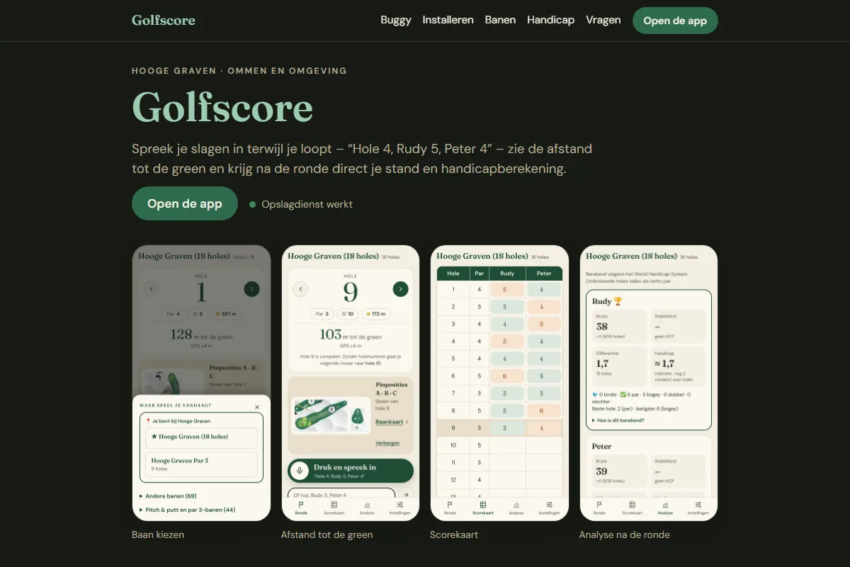 Homepage van Golfscore, de app om golfscores in te spreken
