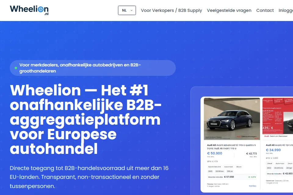Homepage van Wheelion, het B2B-aggregatieplatform voor de Europese autohandel